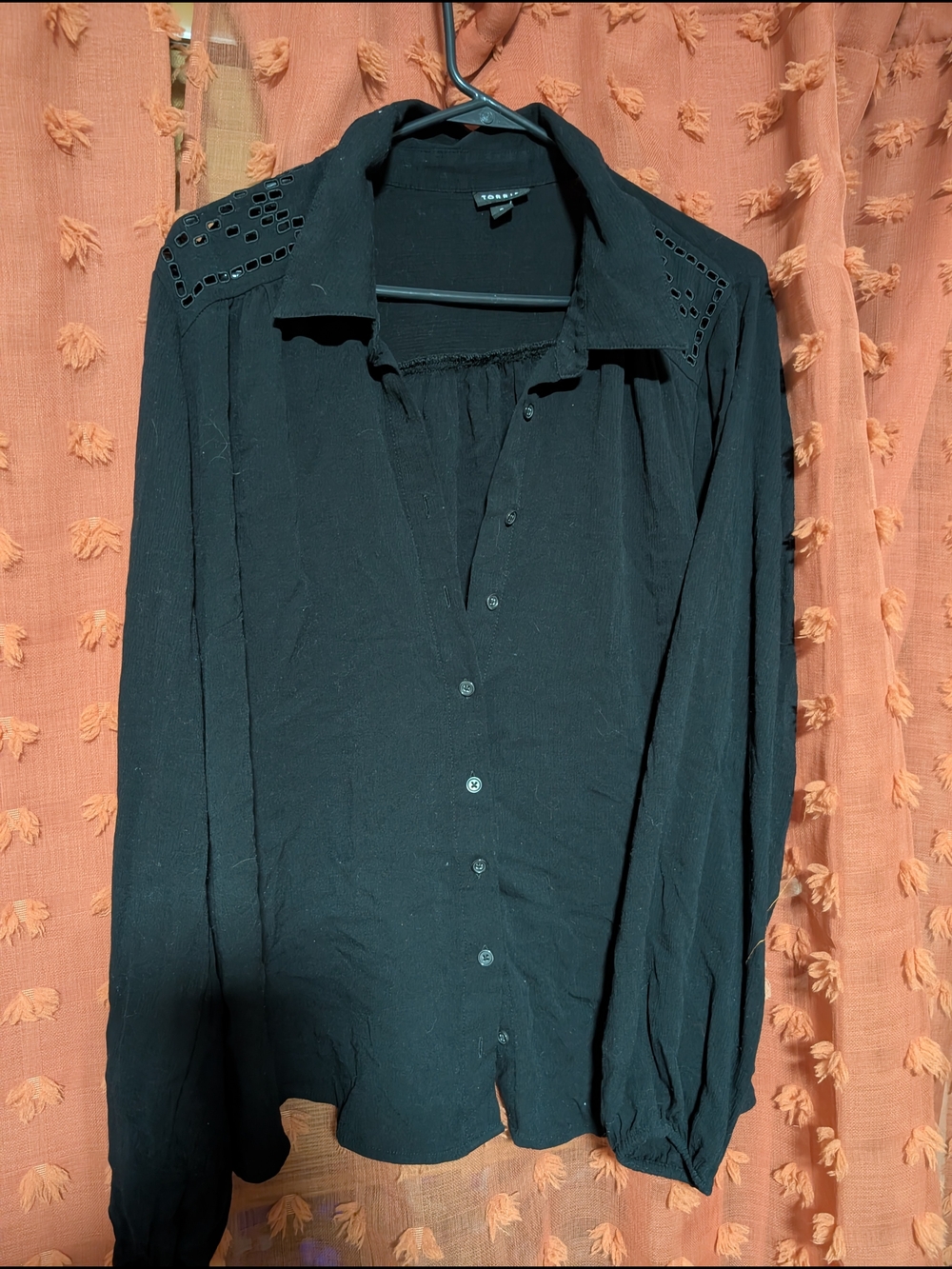Torrid Black Women's Long-Sleeve Button Down Shirt with Shoulder Eyelet Detail